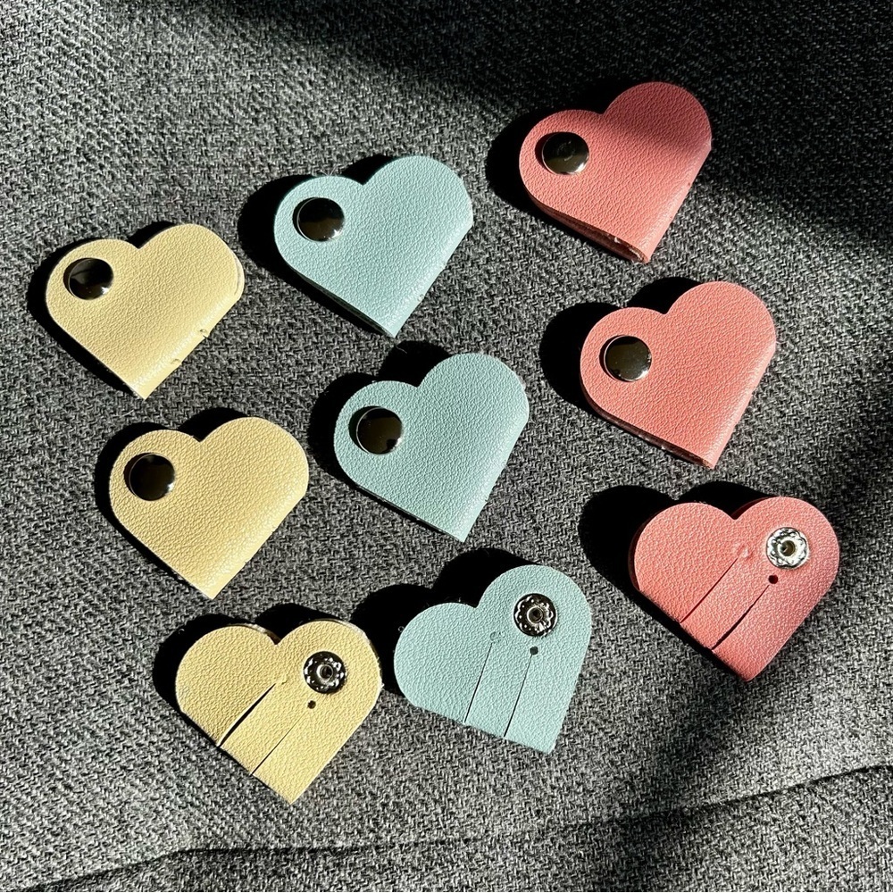 Set/3 Cute Heart Shaped, Faux Leather Cord, Cable Organizers with Snap Closure